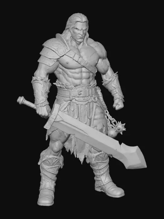 3D model for Let's draw Serjão wielding a large, heavy, rustic two-handed sword. His flail is tucked into his belt at the back. Serjão holds the sword with both hands. The image should be full-body, with a white background. Make him stand upright, with his legs closer together.