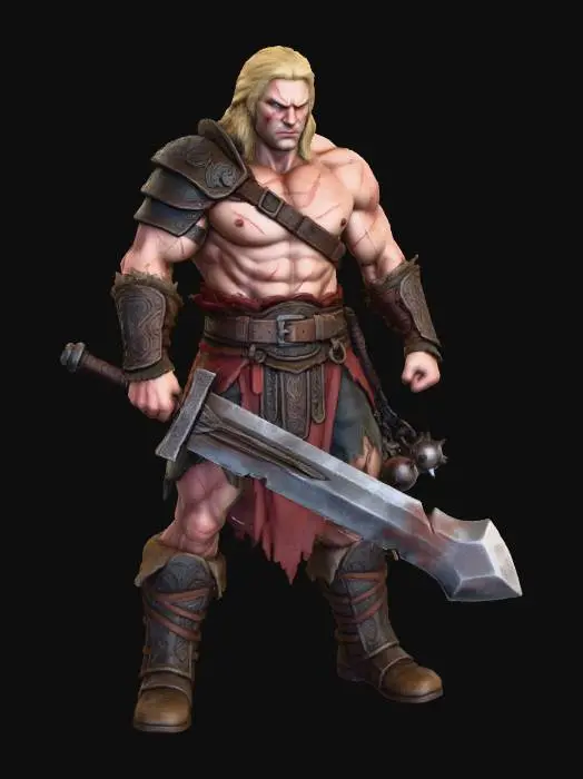 3D model for Let's draw Serjão wielding a large, heavy, rustic two-handed sword. His flail is tucked into his belt at the back. Serjão holds the sword with both hands. The image should be full-body, with a white background. Make him stand upright, with his legs closer together.