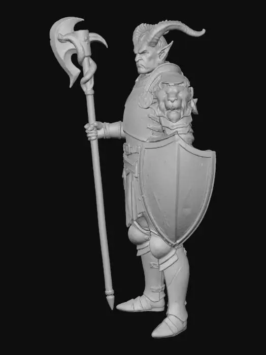 3D model for Full body image of the tiefling paladin in the reference, keep his black armor, halberd with snake prop, and lion pauldron, he has one broken horn, white background