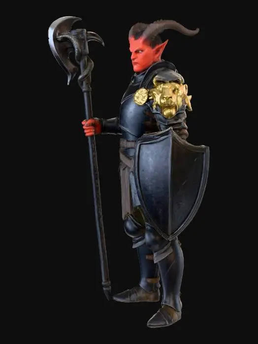 3D model for Full body image of the tiefling paladin in the reference, keep his black armor, halberd with snake prop, and lion pauldron, he has one broken horn, white background