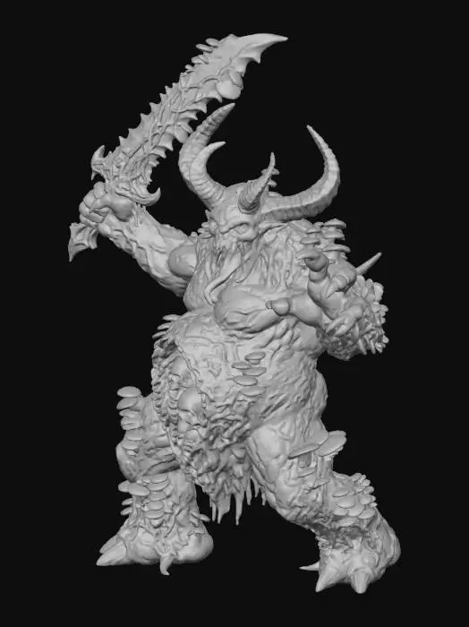 3D model for Make the demon in the reference image in a dynamic attack position, change his color palette to colors of rotten flesh and coagulated blood, make the mushrooms all over his body a bright bioluminescent red, his bone sword covered in mycelia
