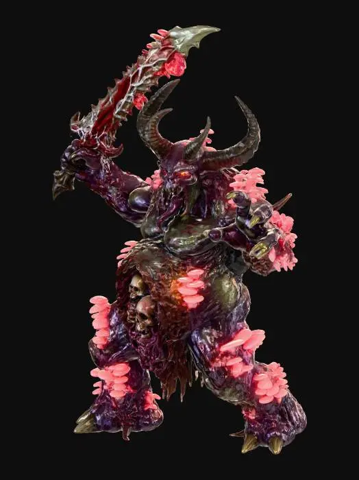 3D model for Make the demon in the reference image in a dynamic attack position, change his color palette to colors of rotten flesh and coagulated blood, make the mushrooms all over his body a bright bioluminescent red, his bone sword covered in mycelia