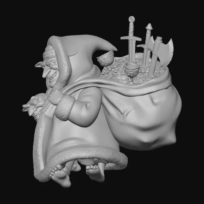 3D model for #Christmas2025#, several goblins in a single santa claus costume, carrying a red sack full of treasure and medieval weapons