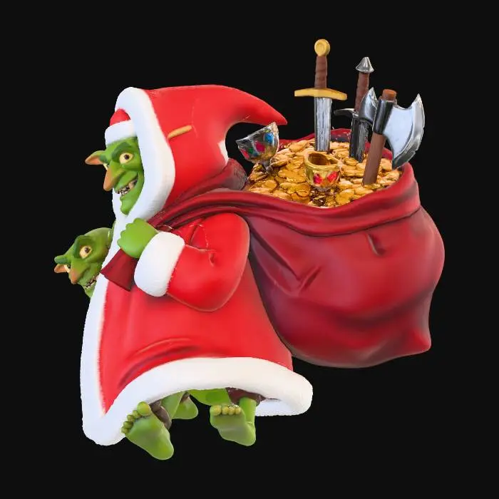 3D model for #Christmas2025#, several goblins in a single santa claus costume, carrying a red sack full of treasure and medieval weapons