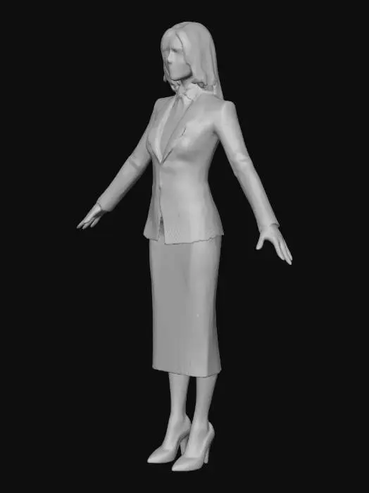 3D model for Photorealistic 3D game character model of a stunning 29-year-old woman, Valentina Moreau, senior financial analyst, ultra-attractive seductive brunette with long glossy chestnut-brown hair in loose waves cascading to the small of her back, deep hazel eyes tilted upward with thick dark lashes, high cheekbones, full lips in muted berry lipstick with a softly wicked smile, warm ivory skin with golden undertone, flawless face, 5'8" tall lithe toned hourglass figure with narrow waist, full breasts, wide hips, subtle curves.

Office attire: tight tailored deep burgundy pencil skirt hugging hips ending mi