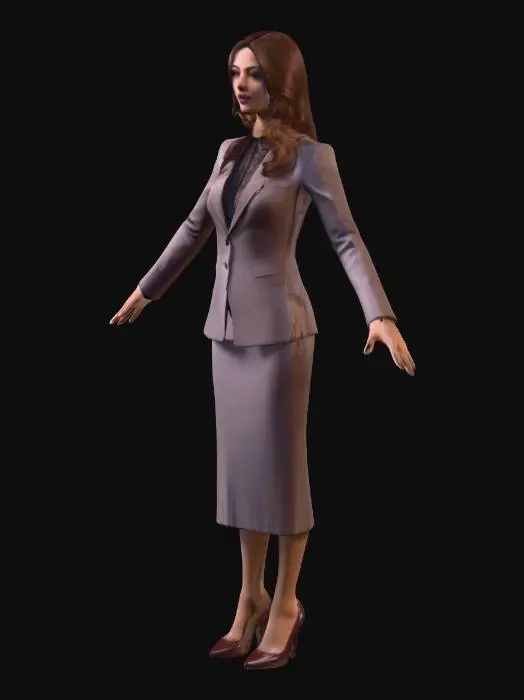 3D model for Photorealistic 3D game character model of a stunning 29-year-old woman, Valentina Moreau, senior financial analyst, ultra-attractive seductive brunette with long glossy chestnut-brown hair in loose waves cascading to the small of her back, deep hazel eyes tilted upward with thick dark lashes, high cheekbones, full lips in muted berry lipstick with a softly wicked smile, warm ivory skin with golden undertone, flawless face, 5'8" tall lithe toned hourglass figure with narrow waist, full breasts, wide hips, subtle curves.

Office attire: tight tailored deep burgundy pencil skirt hugging hips ending mi