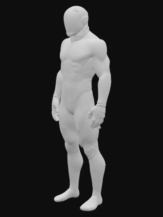 3D model for "A hyper-realistic full-body sports compression suit inspired by Blue Lock: skin-tight matte-black nano-fabric with subtle carbon weave, aerodynamic seams and flexible armor panels at ribs, shoulders, thighs, and knees. Electric-, #food#, blue micro-fiber veins trace muscle contours and pulse to show blood flow and exertion. Small holographic HUDs on chest and forearms display stamina, O₂, and hydration. Micro-vent slits with condensation and realistic sweat beads. Cinematic lighting (soft key + rim), portrait 2:3, high-res."
