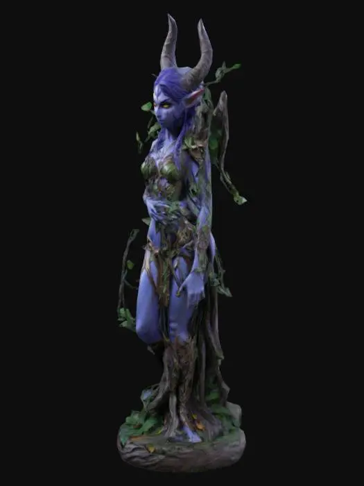 3D model for beautiful exposed night elf statue, protector of the forest, full detailed face, vines