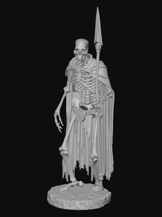 3D model for Highly detailed 3D model of a skeleton warrior spearman for Dungeons & Dragons tabletop miniature, heroic fantasy figurine, thrusting pose with long spear leveled forward, skeletal frame in corroded chainmail scraps hanging loosely, rusted spearhead barbed and bent, finger bones gripping shaft tightly, skull tilted aggressively with jaw open, bone cracks and earth stains, necrotic aura subtle glow