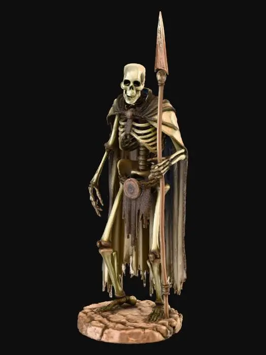 3D model for Highly detailed 3D model of a skeleton warrior spearman for Dungeons & Dragons tabletop miniature, heroic fantasy figurine, thrusting pose with long spear leveled forward, skeletal frame in corroded chainmail scraps hanging loosely, rusted spearhead barbed and bent, finger bones gripping shaft tightly, skull tilted aggressively with jaw open, bone cracks and earth stains, necrotic aura subtle glow