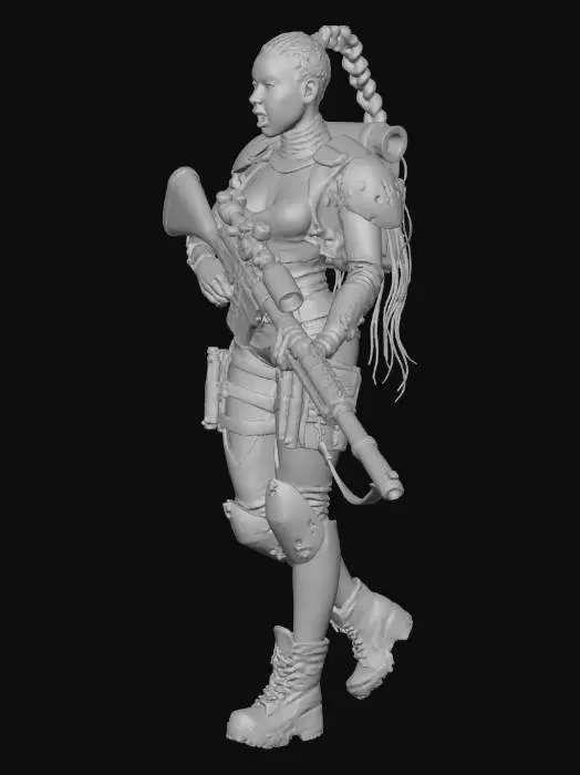 3D model for a super hot cyberpunk girl, half shaved head on one side, long braided ponytail,  wearing a military mech themed power armor suit, sexy face, holding a massive sniper gun with both hands, cyberpunk tech base, sexy action pose, mouth open yelling, nice bust, military boosters on back of armor, hardcore cyberpunk armor suit
