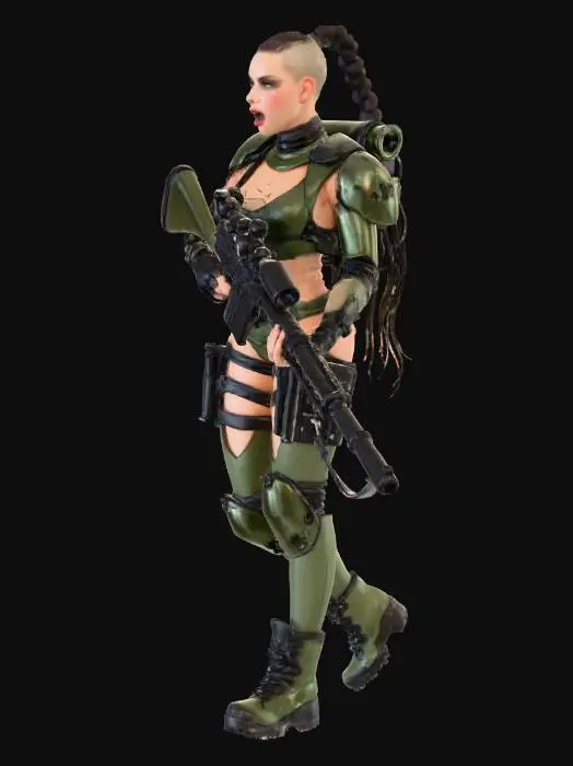 3D model for a super hot cyberpunk girl, half shaved head on one side, long braided ponytail,  wearing a military mech themed power armor suit, sexy face, holding a massive sniper gun with both hands, cyberpunk tech base, sexy action pose, mouth open yelling, nice bust, military boosters on back of armor, hardcore cyberpunk armor suit