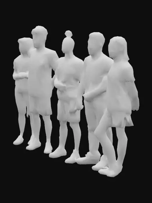 3D model for A diverse group of people, including a young family of four, stand in relaxed postures. Each wears a vibrant football jersey, predominantly rich red with striking gold accents for team logos and numbers. The jerseys are crafted from a soft, breathable athletic knit fabric, displaying a fine, subtle texture. They conform comfortably to the body, indicating a supple and pliable tactile quality. Their faces show friendly, approachable expressions, suggesting a moment of casual interaction.