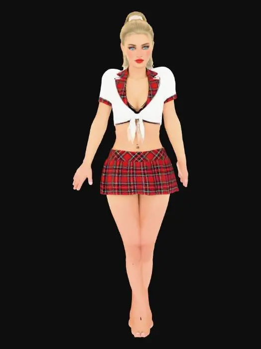 3D model for Model 3D przedstawiający młodą kobietę o blond włosach związanych w wysoki kucyk, z uwydatnionym makijażem, w tym czerwoną szminką i wyrazistymi oczami. Ubrana jest w krótki biały top z wiązaniem z przodu, ozdobiony czerwono-czarną szkocką kratą na kołnierzyku i mankietach, oraz plisowaną, rozkloszowaną mini-spódniczkę w identyczną czerwoną kratę. Jej postawa jest zamyślona, z dłonią pod brodą i widocznym kolczykiem w pępku.
