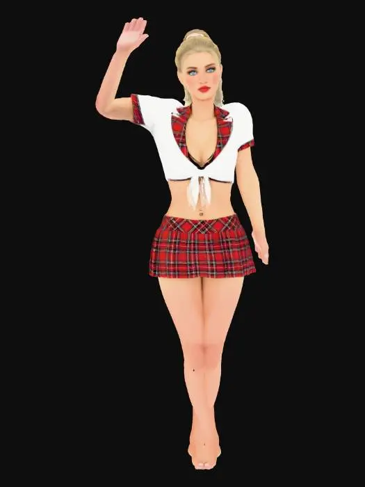 3D model for Model 3D przedstawiający młodą kobietę o blond włosach związanych w wysoki kucyk, z uwydatnionym makijażem, w tym czerwoną szminką i wyrazistymi oczami. Ubrana jest w krótki biały top z wiązaniem z przodu, ozdobiony czerwono-czarną szkocką kratą na kołnierzyku i mankietach, oraz plisowaną, rozkloszowaną mini-spódniczkę w identyczną czerwoną kratę. Jej postawa jest zamyślona, z dłonią pod brodą i widocznym kolczykiem w pępku.