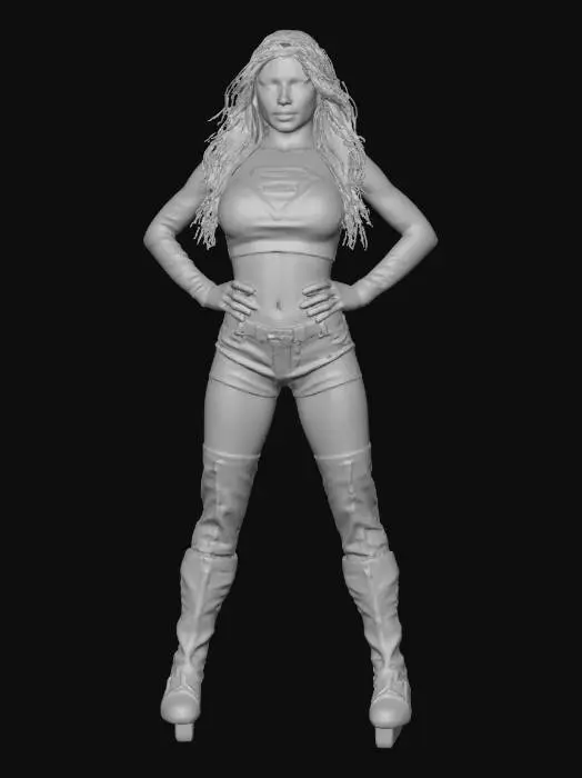 3D model for Photo of a woman with long blonde hair, wearing a blue Superman costume with a red cape, a blue crop top, and red leather shorts, standing confidently with her hands on her hips, looking directly at the camera with a neutral expression. The background is plain white, and the lighting is bright and even. The woman has a slender physique, large breasts, and a toned stomach. She is wearing red thigh-high boots and a yellow belt. The image is high quality and professionally shot.