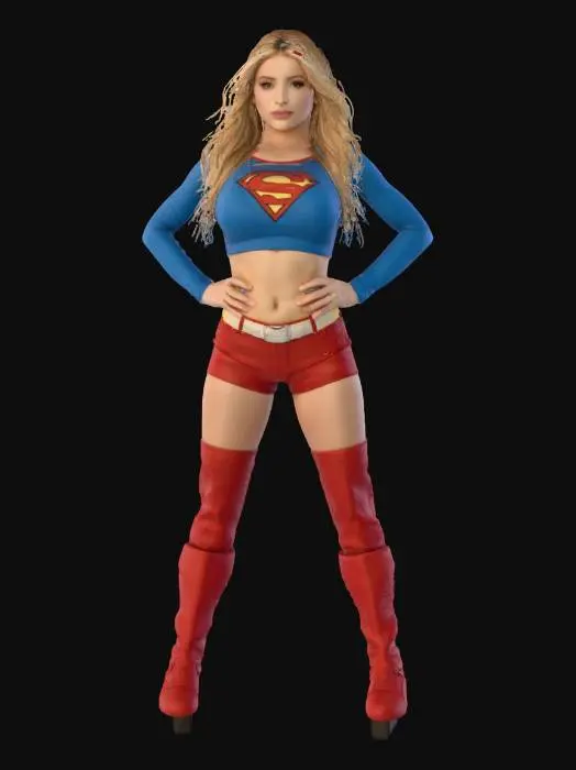 3D model for Photo of a woman with long blonde hair, wearing a blue Superman costume with a red cape, a blue crop top, and red leather shorts, standing confidently with her hands on her hips, looking directly at the camera with a neutral expression. The background is plain white, and the lighting is bright and even. The woman has a slender physique, large breasts, and a toned stomach. She is wearing red thigh-high boots and a yellow belt. The image is high quality and professionally shot.