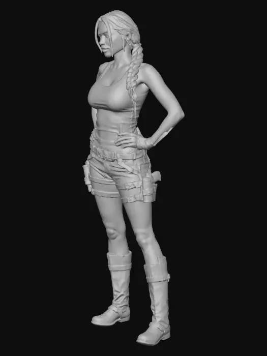 3D model for przygotuj postać w stylu costplay tomb rider lara croft fotorealizm postać kobieca, nacisk na modę i sylwetkę w pozie z ramionami na biodrach, zachowaj podobieństwo z postacią ze zdjęcia