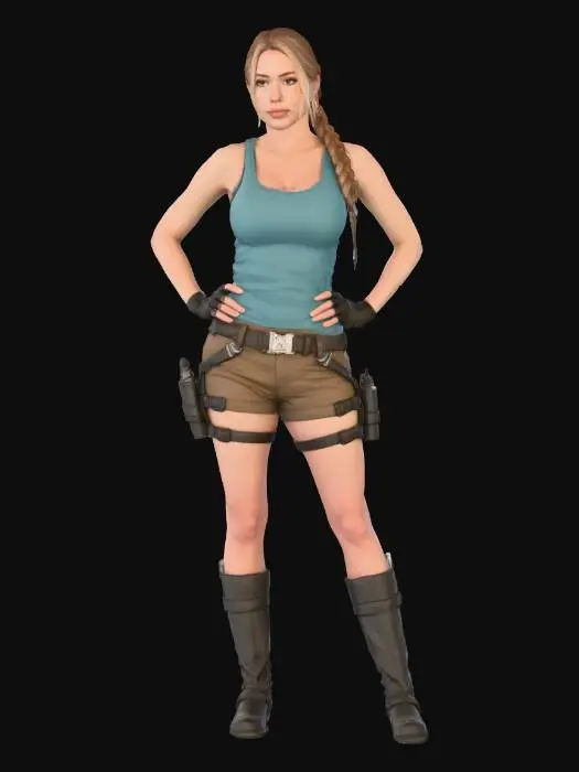 3D model for przygotuj postać w stylu costplay tomb rider lara croft fotorealizm postać kobieca, nacisk na modę i sylwetkę w pozie z ramionami na biodrach, zachowaj podobieństwo z postacią ze zdjęcia