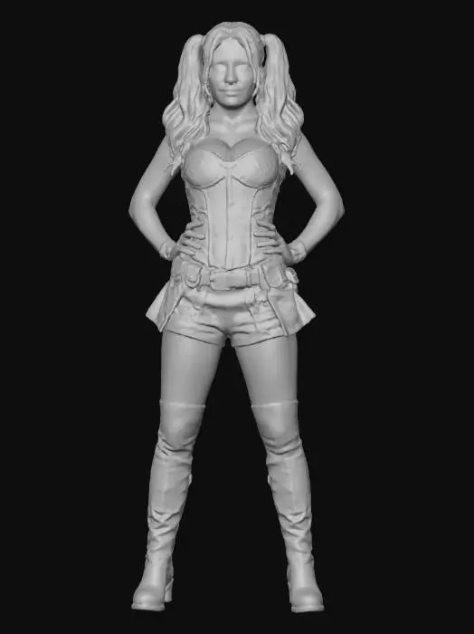 3D model for przygotuj postać w stylu costplay harley quinn fotorealizm postać kobieca, nacisk na modę i sylwetkę w pozie z ramionami na biodrach, zwróć uwagę na włosy, zmien twarz na postac ze zdjęcia