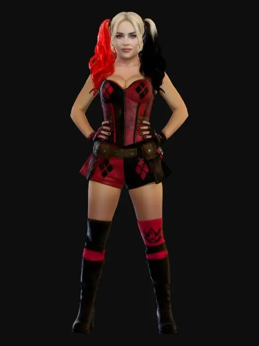 3D model for przygotuj postać w stylu costplay harley quinn fotorealizm postać kobieca, nacisk na modę i sylwetkę w pozie z ramionami na biodrach, zwróć uwagę na włosy, zmien twarz na postac ze zdjęcia