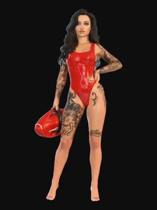 3D model for przygotuj postać w stylu costplaypamela anderson słoneczny patrol fotorealizm postać kobieca, nacisk na modę i sylwetkę w pozie z ramionami na biodrach,