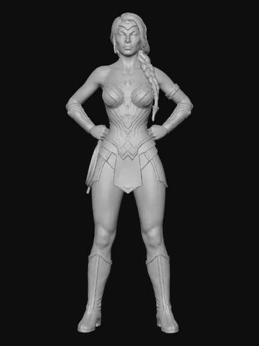 3D model for Postać kobiety, wzrost 175cm, obwód klatki piersiowej 100cm, obwód talii 60 cm, obwód bioder 95 cm, wiek 25-30 lat, model 3d do 100000 trójkątów, włosy w kolorze jasny blond splecione w warkocz, błękitne oczy, w stylizacji costplay wonderwomen daiana, wakacyjna opalenizna, zachowaj podobieństwo do postaci że zdjęcie w Pozie z rękoma na biodrach