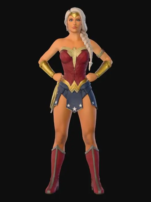 3D model for Postać kobiety, wzrost 175cm, obwód klatki piersiowej 100cm, obwód talii 60 cm, obwód bioder 95 cm, wiek 25-30 lat, model 3d do 100000 trójkątów, włosy w kolorze jasny blond splecione w warkocz, błękitne oczy, w stylizacji costplay wonderwomen daiana, wakacyjna opalenizna, zachowaj podobieństwo do postaci że zdjęcie w Pozie z rękoma na biodrach