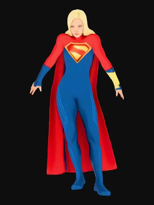 3D model for , Modelka superbohaterka o blond włosach i hipnotyzujących oczach, ubrana w obcisły, dwukolorowy kostium z niebieskiego i czerwonego matowego lateksu. Na piersi znajduje się nowy emblemat "S" z błyszczącymi, złotymi i teksturowanymi czerwonymi elementami. Rękawy są długie, a na bokach nóg widnieją dekoracyjne, niebieskie pasy. Oświetlenie jest klarowne, eksponując połysk materiału, detale emblematu oraz złoty akcent na nadgarstku, tworząc dynamiczny wizerunek. wyraźny odstęp pomiędzy nogami
styl postaci fortnite