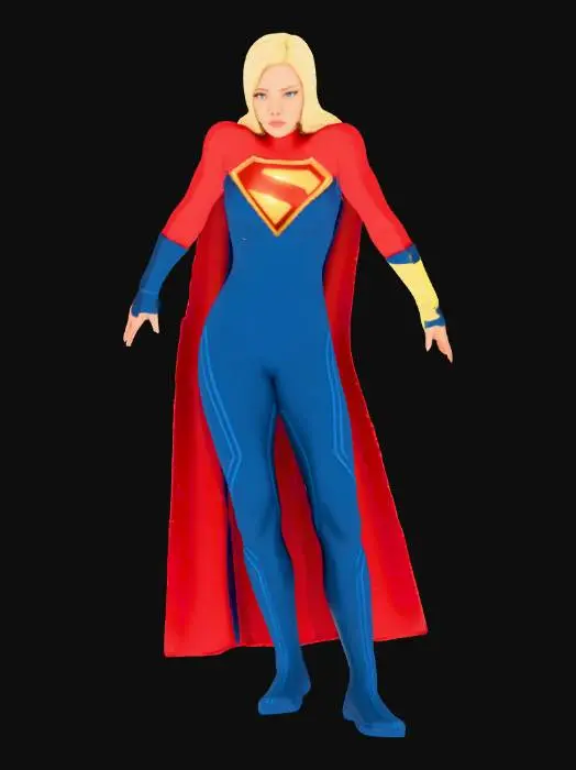 3D model for , Modelka superbohaterka o blond włosach i hipnotyzujących oczach, ubrana w obcisły, dwukolorowy kostium z niebieskiego i czerwonego matowego lateksu. Na piersi znajduje się nowy emblemat "S" z błyszczącymi, złotymi i teksturowanymi czerwonymi elementami. Rękawy są długie, a na bokach nóg widnieją dekoracyjne, niebieskie pasy. Oświetlenie jest klarowne, eksponując połysk materiału, detale emblematu oraz złoty akcent na nadgarstku, tworząc dynamiczny wizerunek. wyraźny odstęp pomiędzy nogami
styl postaci fortnite