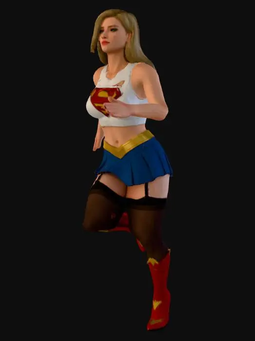 3D model for rzeczywista kobieta, superbohaterka o blond włosach niebieskich oczach, widoczny berzuch, ubrana w: 
Szczegółowy render 3D stroju Supergirl, prezentującego biały top bez rękawów z rozdartym dekoltem i trójwymiarowym logo Supermana. Dół to krótka, niebieska spódniczka z szerokim złotym pasem, czarne rajstopy z widocznymi zapięciami do pończoch oraz błyszczące, wysokie, czerwone buty na obcasie, z metalicznym wykończeniem. Każdy element jest precyzyjnie wykonany, z dbałością o detale, takie jak szwy i faktury, na ciemnym, neutralnym tle.
dynamiczny wizerunek. zachowaj podobienstwo twarz.  tło białe