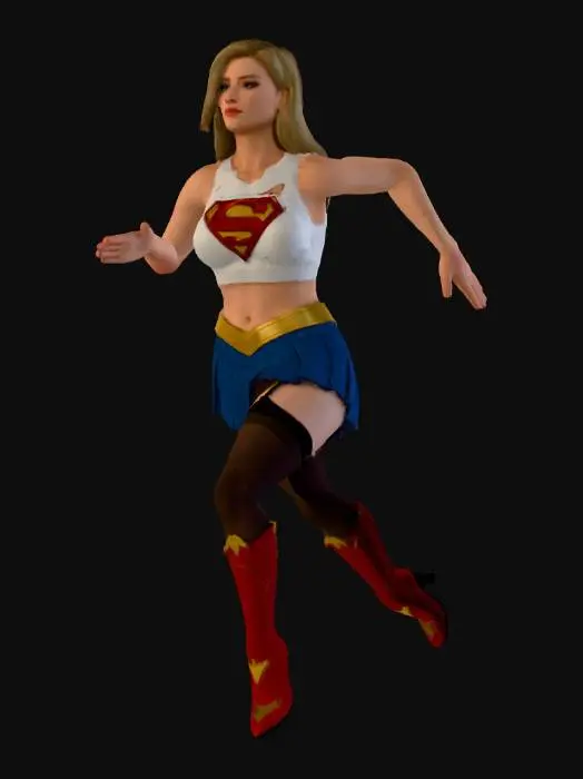 3D model for rzeczywista kobieta, superbohaterka o blond włosach niebieskich oczach, widoczny berzuch, ubrana w: 
Szczegółowy render 3D stroju Supergirl, prezentującego biały top bez rękawów z rozdartym dekoltem i trójwymiarowym logo Supermana. Dół to krótka, niebieska spódniczka z szerokim złotym pasem, czarne rajstopy z widocznymi zapięciami do pończoch oraz błyszczące, wysokie, czerwone buty na obcasie, z metalicznym wykończeniem. Każdy element jest precyzyjnie wykonany, z dbałością o detale, takie jak szwy i faktury, na ciemnym, neutralnym tle.
dynamiczny wizerunek. zachowaj podobienstwo twarz.  tło białe