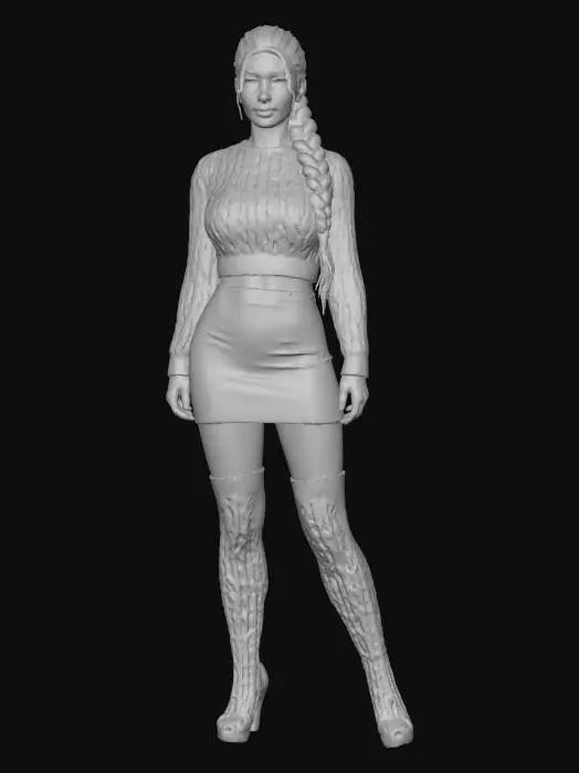 3D model for realistyczny model 3D kobiety o długich, zwartych blond włosach splecionych w warkocz, z delikatnym, niezauważalnym makijażem, ubranej w przytulny, biały, wełniany top  z warkoczowym splotem kończącym się zaraz za linią biustu odsłaniając brzuch oraz obcisłą, gładką czerwoną mini spódniczkę Na nogach ma dopasowane, białe, warkoczowe za kolanówki. Postać stoi w świątecznym wnętrzu obok udekorowanej choinki, z miękkim kocem i ozdobnymi poduszkami na kanapie w tle. Ciepłe, rozproszone oświetlenie podkreśla fakturę dzianiny i intymną atmosferę. twarz dobrze oświetlona oddająca dokładnie kształt  i rysy twarz, zachowaj podobieństwo twarz z przesłanego zdjęcia