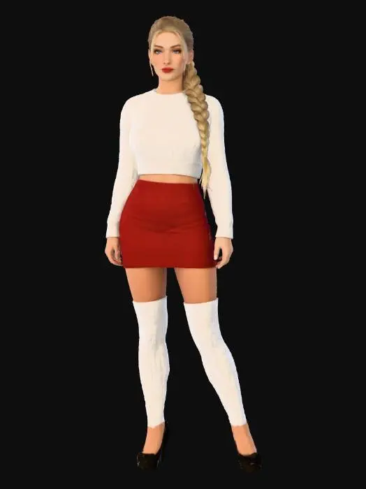 3D model for realistyczny model 3D kobiety o długich, zwartych blond włosach splecionych w warkocz, z delikatnym, niezauważalnym makijażem, ubranej w przytulny, biały, wełniany top  z warkoczowym splotem kończącym się zaraz za linią biustu odsłaniając brzuch oraz obcisłą, gładką czerwoną mini spódniczkę Na nogach ma dopasowane, białe, warkoczowe za kolanówki. Postać stoi w świątecznym wnętrzu obok udekorowanej choinki, z miękkim kocem i ozdobnymi poduszkami na kanapie w tle. Ciepłe, rozproszone oświetlenie podkreśla fakturę dzianiny i intymną atmosferę. twarz dobrze oświetlona oddająca dokładnie kształt  i rysy twarz, zachowaj podobieństwo twarz z przesłanego zdjęcia