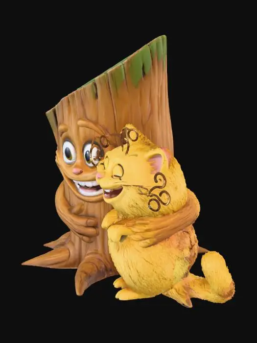3D model for Mo Willems and Botanicula style, art object, stylized log hugging a yellow fluffy quirky tousled cat, massive tree forms in the background, straw and salads, exaggerated emotions, caricature, lantern decoration