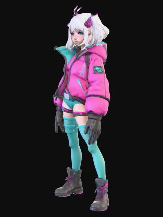 3D model for sci-fi adventurer anime girl, white hair, hot pink and teal color scheme for her street wear outfit, thigh high stockings, medium height, thick thighs, tomboyish girl, vibrant colors, Highly Detailed, Game Assets, very detailed, Highly Detailed, detailed face