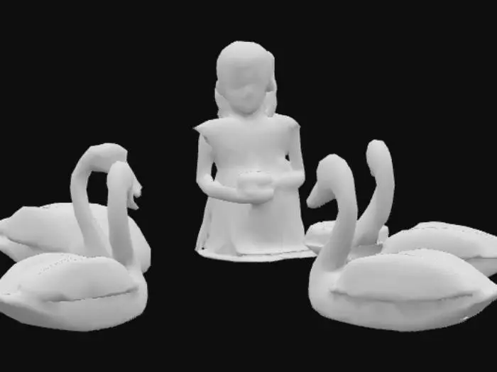 3D model for “Godfather Drosselmeier has told me of a lovely garden where there is a great lake, upon which beautiful swans swim about, with golden collars around their necks, and sing their sweetest songs. Then there comes a little girl out of the garden down along the lake, and coaxes the swans to the shore, and feeds them with sweet cake.” 