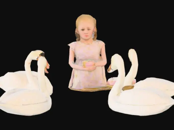 3D model for “Godfather Drosselmeier has told me of a lovely garden where there is a great lake, upon which beautiful swans swim about, with golden collars around their necks, and sing their sweetest songs. Then there comes a little girl out of the garden down along the lake, and coaxes the swans to the shore, and feeds them with sweet cake.” 