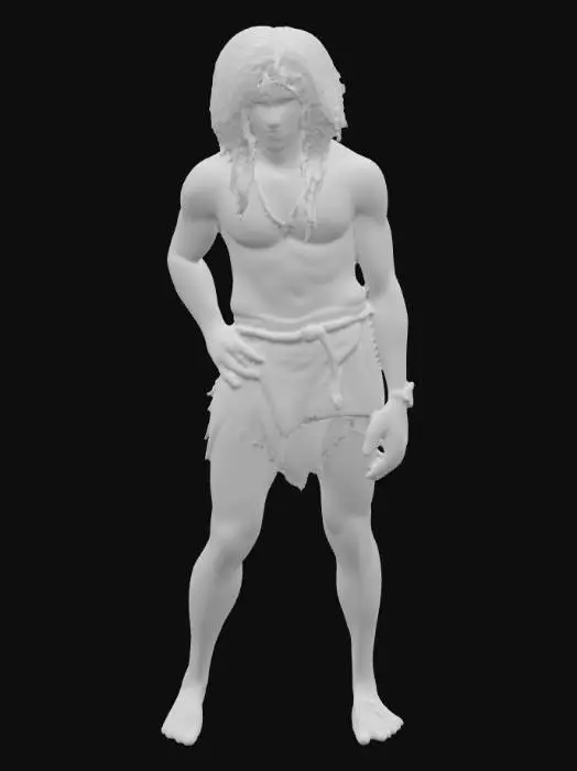 3D model for Tarzan

Black course hair that falls below the shoulders
Crude bangs that are cut just above his eyes
Black deerhide loincloth
Grass rope wound over one shoulder 
Grey eyes
Muscular but lean
Modest (think "swim trunks modest" )
Square jaw

Tanned/slightly natural white man bronze

Tiny white Scar from left of his forehead to his right cheek

Scary but gentle