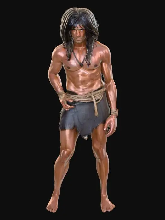 3D model for Tarzan

Black course hair that falls below the shoulders
Crude bangs that are cut just above his eyes
Black deerhide loincloth
Grass rope wound over one shoulder 
Grey eyes
Muscular but lean
Modest (think "swim trunks modest" )
Square jaw

Tanned/slightly natural white man bronze

Tiny white Scar from left of his forehead to his right cheek

Scary but gentle