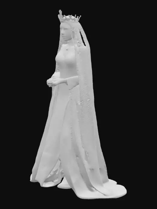 3D model for “I wish you to be attired as befits your rank and beauty.” And immediately the Princess’s cotton dress became a magnificent robe of silver brocade embroidered with carbuncles, and her soft dark hair was encircled by a crown of diamonds, from which floated a clear white veil. With her bright eyes, and the charming color in her cheeks, she was altogether such a dazzling sight that the Prince could hardly bear it.