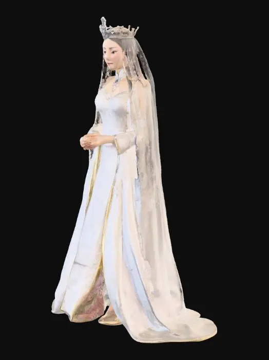 3D model for “I wish you to be attired as befits your rank and beauty.” And immediately the Princess’s cotton dress became a magnificent robe of silver brocade embroidered with carbuncles, and her soft dark hair was encircled by a crown of diamonds, from which floated a clear white veil. With her bright eyes, and the charming color in her cheeks, she was altogether such a dazzling sight that the Prince could hardly bear it.