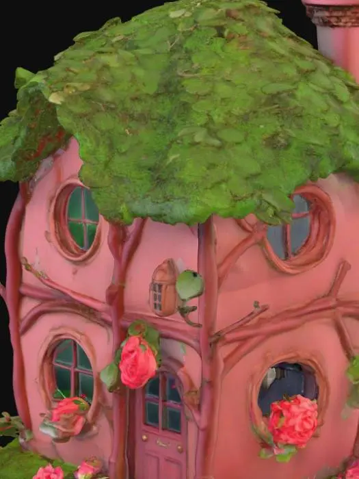 3D model for Wendy Darling's Neverland House

It's built with branches and moss

Green leafy branches to make the roof

Red branches to make walls

Windows with roses peeping inside

A top hat as a chimney