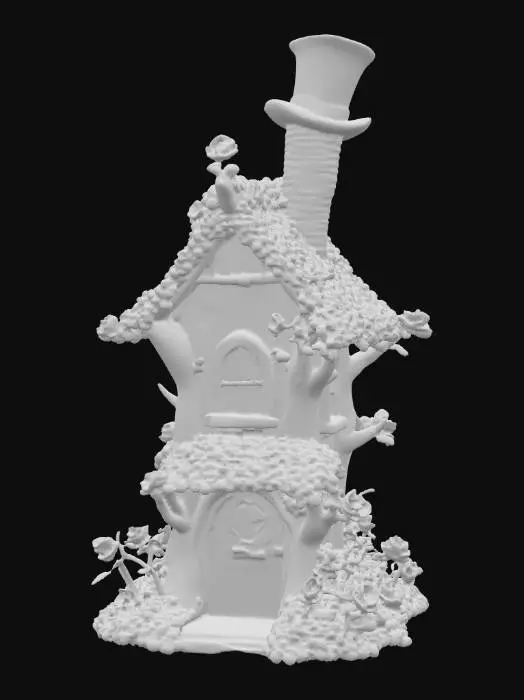 3D model for Wendy Darling's Neverland House

It's built with branches and moss

Green leafy branches to make the roof

Red branches to make walls

Windows with roses peeping inside

A top hat as a chimney