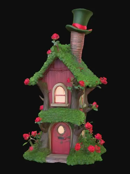 3D model for Wendy Darling's Neverland House

It's built with branches and moss

Green leafy branches to make the roof

Red branches to make walls

Windows with roses peeping inside

A top hat as a chimney