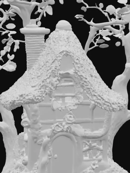 3D model for Wendy Darling's Neverland House

It's built with branches and moss

Green leafy branches /green moss to make the roof

Red branches to make walls. Roughly hewn

Windows with roses peeping inside

A top hat stands in place of the chimney