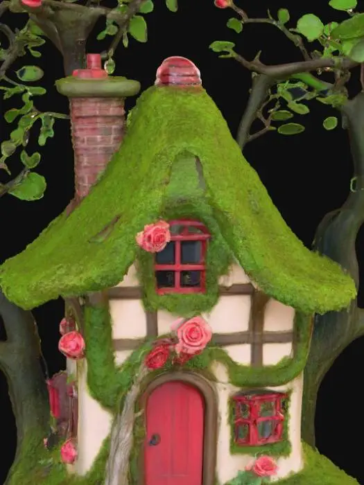 3D model for Wendy Darling's Neverland House

It's built with branches and moss

Green leafy branches /green moss to make the roof

Red branches to make walls. Roughly hewn

Windows with roses peeping inside

A top hat stands in place of the chimney