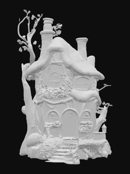 3D model for Wendy Darling's Neverland House

It's built with branches and moss

Green leafy branches /green moss to make the roof

Red branches to make walls. Roughly hewn

Windows with roses peeping inside

A top hat stands in place of the chimney