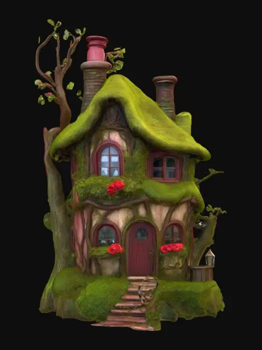 3D model for Wendy Darling's Neverland House

It's built with branches and moss

Green leafy branches /green moss to make the roof

Red branches to make walls. Roughly hewn

Windows with roses peeping inside

A top hat stands in place of the chimney