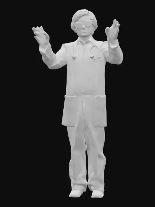 3D model for Godfather Drosselmayer, a medical counselor, was anything but handsome. He was gaunt, five feet eight inches tall, and quite stooped, so that if he dropped his handkerchief, he could scarcely bend down to pick it up despite his long legs. His face was as wrinkled as a rennet that has suffered an April frost. In lieu of his right eye he wore a big, black patch. He was totally bald, a disadvantage he countered by wearing a grassy, curly periwig—a highly ingenious device of his own composition made of spun glass. In regard to this respectable headgear, he was forced to keep his hat under his arm nonstop. His remaining eye was alive and brilliant.